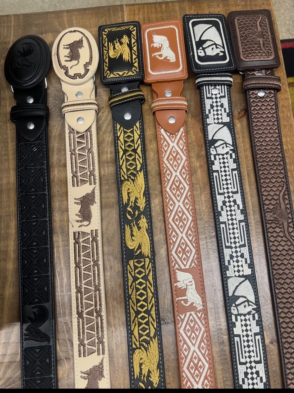 Black Leather Belt with Embroidered Rooster Design